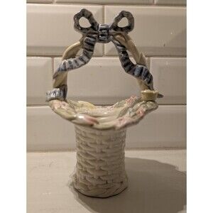 Vintage 1980's Fitz And Floyd Woven Basket With Blue Ribbon Handle